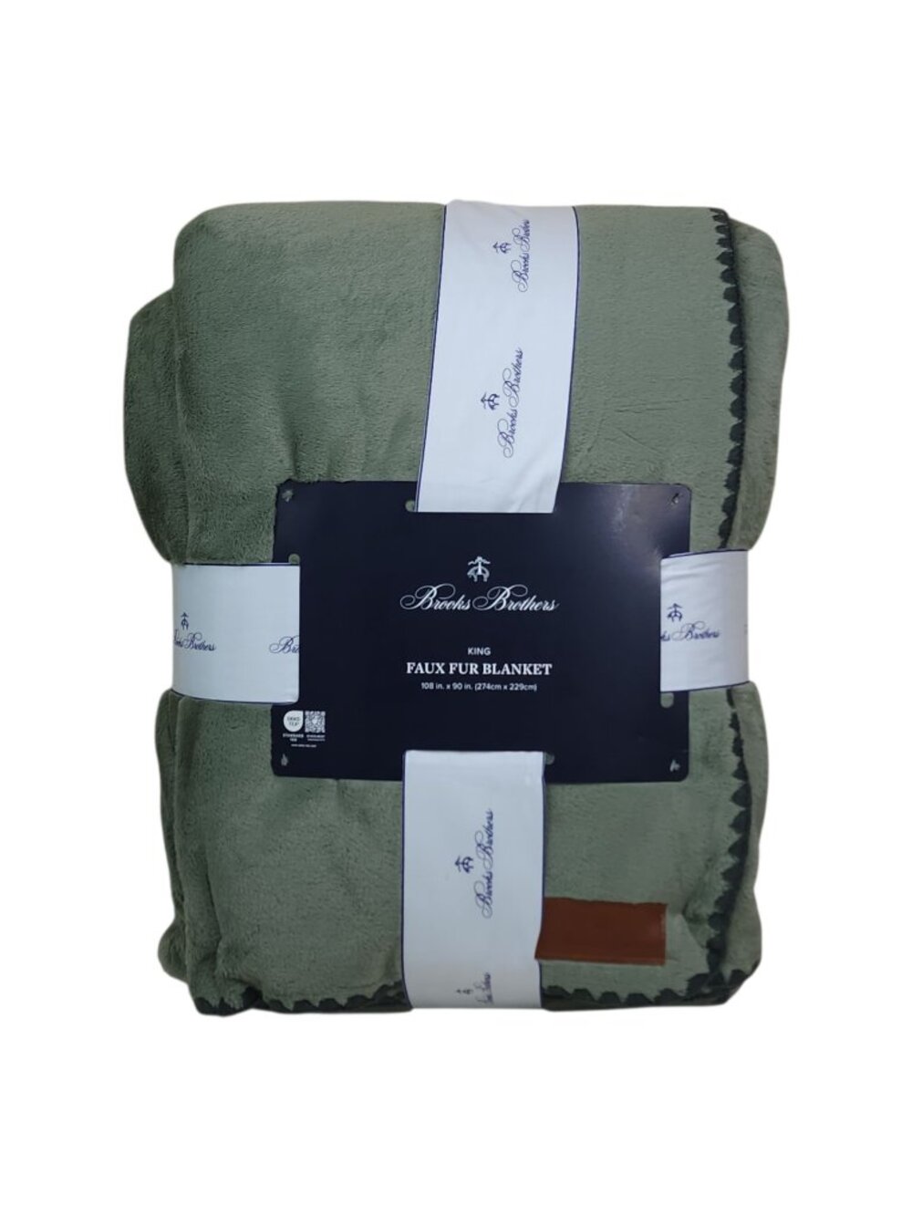 Brooks Brothers King Faux Fur Blanket 108"x90" Green Soft Plush Polyester Fleece
